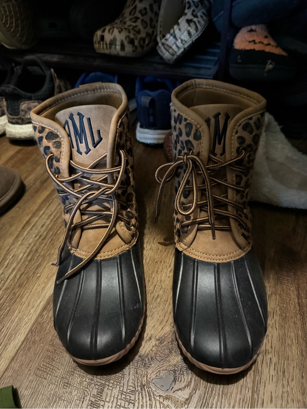 Women’s Monogrammed Leopard print Waterproof Winter Duck Boots - size 8